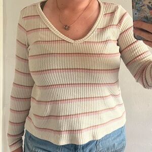 pink and cream ribbed long sleeve top